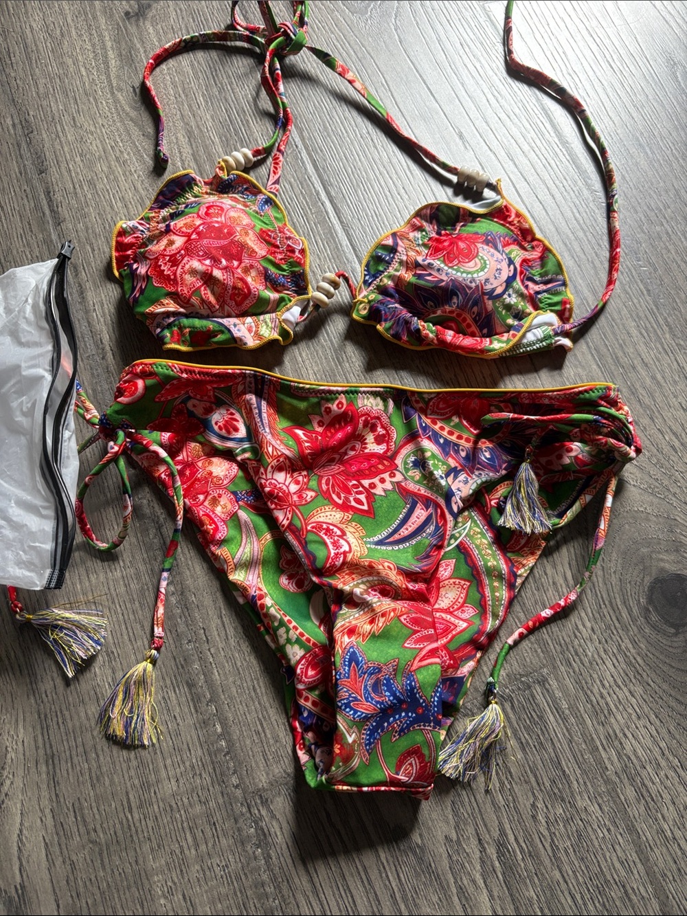 Green Floral Tie-Side Bikini Set with Tassel Accents
